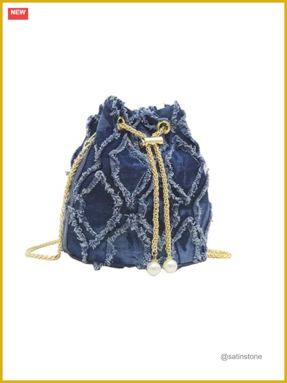 Chic Denim Hobo Bucket Bag with Adjustable Chain Strap and Pearl Accents